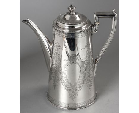 A VICTORIAN SILVER COFFEE POT, SHEFFIELD 1868, MARTIN HALL & CO., hinged top with removable finial, tapered body engraved wit