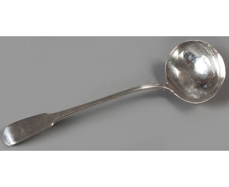 A GEORGE III SILVER FIDDLE PATTERN SOUP LADLE, LONDON 1806, W.E.W.F., engraved with griffon, 32.5cm wide, 205g.