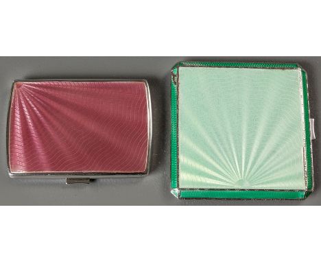 A GEORGE VI SILVER AND ENAMEL CIGARETTE CASE, BIRMINGHAM 1937, D & F, mint green ground enamel top, engined turned, gilded in