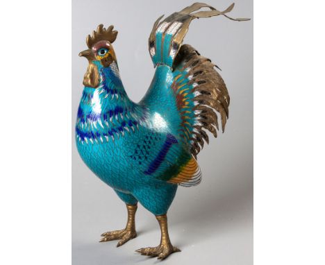 A FINE LARGE CHINESE CLOISONNE ENAMEL FIGURE OF COCKREL, on a peacock blue ground with gilt detailing to the head, feet and t