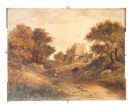 ENGLISH SCHOOL, 19TH/20TH CENTURY Figures angling beside a stone bridge leading into a fortified town oil on canvas, 36cm x 4