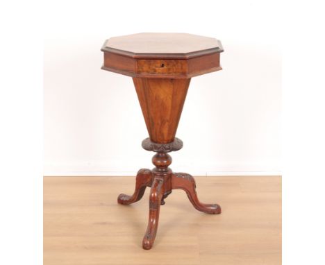 A VICTORIAN BURR WOOD AND MAHOGANY TRUMPET SHAPED WORK TABLEthe octagonal top before internal segmented compartments, termina