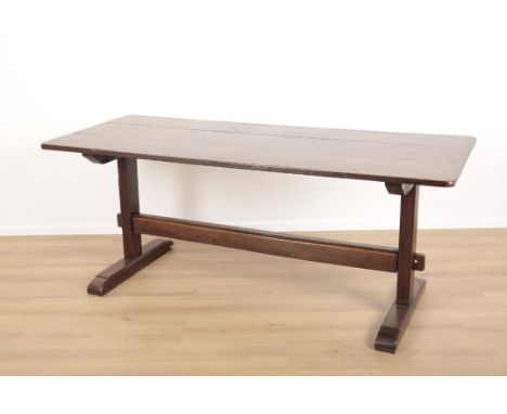 AN OAK REFECTORY TABLEwith three plank top, on trestle end supports, 77cm high x 190cm long x 78cm wide