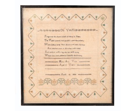 AN EARLY 19TH CENTURY NEEDLEWORK SAMPLER BY MARY ANN VEALEworked in black with six line verse titled 'On Youth' and in colour