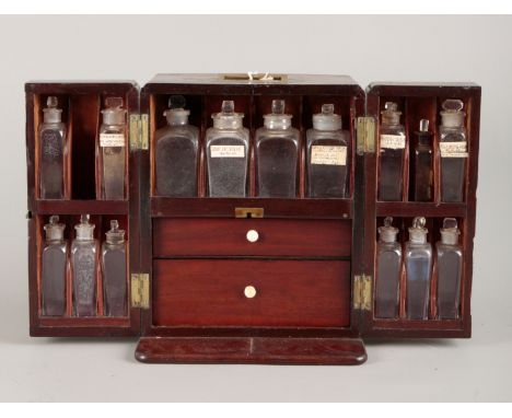 A MAHOGANY APOTHECARY CABINET19th century, with top recessed brass handle, double doors before fifteen glass bottles, two gra