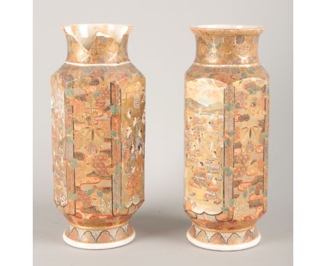 A PAIR OF JAPANESE PORCELAIN SATSUMA VASESMeiji period, of hexagonal section, decorated with soldiers in armour and figures i