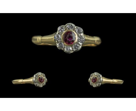 18ct Gold Attractive Petite Ruby &amp; Diamond Set Cluster Ring - Marked 18ct To Interior Of Shank. The Central Ruby Surround