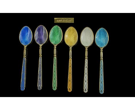 Queen Elizabeth II Sterling Silver and Enamel Harlequin Set of 6 Coffee Spoons original box. Hallmark Birmingham, 1972 maker 