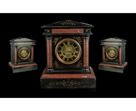 Belgium Slate Mantle Clock, architectural design, black chapter design with Roman numerals, French movement, circa 1880's.