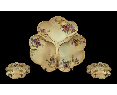 Royal Worcester Large Hand Painted Blush Ivory 3 Section Serving Dish with Handle, Decorated with Painted Enamel Images of Su