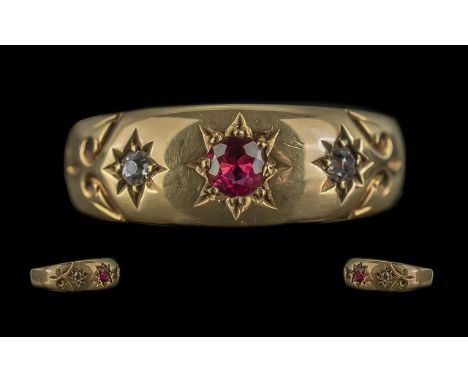 Edwardian Period 1902 - 1910 18ct Gold Ruby and Diamond Set Ring. Full Hallmark for Birmingham 1904, Ring Size N. Weight 3.8 