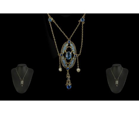 Edwardian Period   - 1910 Superbly Designed and Exquisite Sterling Silver Gem Set and Enamel Necklace / Drop. Wonderful Propo