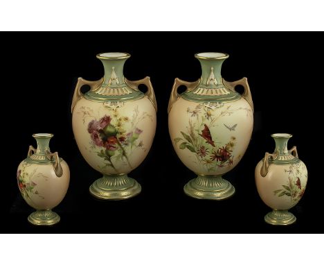 Royal Worcester Fine Pair of Handpainted Blush Ivory Floral Vases, decorated to bodies with painted images of butterflies/sum