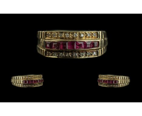 Ladies - 14ct Gold Rolex Style Rubies and Diamond Set Dress Ring. Marked 585 - 14ct to Shank. The Rubies of Good Colour. Ring