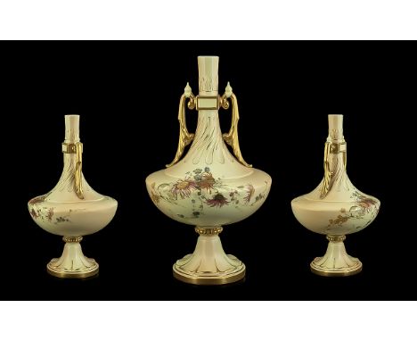 Royal Worcester Fine Handpainted Blush Ivory Persian Style Twin Handle Vase, of pleasing design and proportions.  The handles