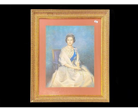 Large Framed Print of Her Majesty Queen Elizabeth II, mounted framed and glazed in a gilt surround.  Overall size measures 37