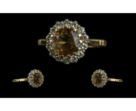 Ladies 18ct Gold Attractive Smoky Topaz and Diamond Set Cluster Ring. Marked 18ct to Interior of Shank. The Central Faceted T