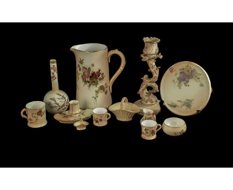 Collection of Royal Worcester Blush Ivory, comprising a 7.5" jug, a candlestick in floral form No. 1478, a bud vase No. 1215,