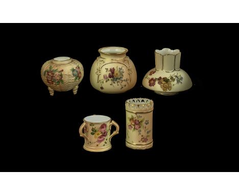 Royal Worcester Collection of Hand Painted Blush Ivory Small Vases ( 5 ) In Total. Various Shapes, Sizes and Designs. All Dat