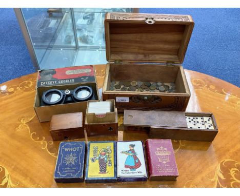 Box of Vintage Collectibles, comprising a wooden playing card holder with cards, Happy Families vintage card set, 'Catseye' G