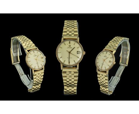 Omega - Geneve Gents 9ct Gold Case Automatic Wrist Watch. c.1970's. With Just-Date Display Window, Seconds Sweep, Gold Hands 