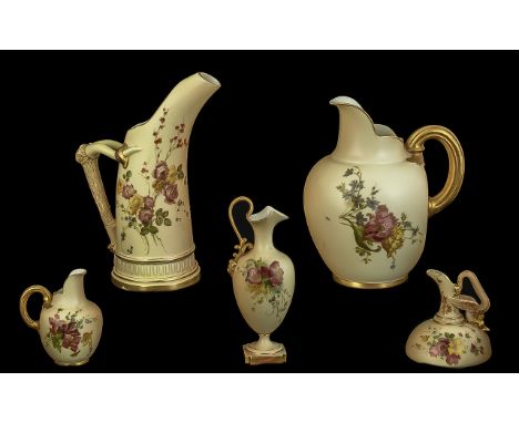 Royal Worcester - Collection of Hand Painted Blush Ivory Jugs ( 5 ) Various Shapes and Sizes. All with Painted Images of Flow