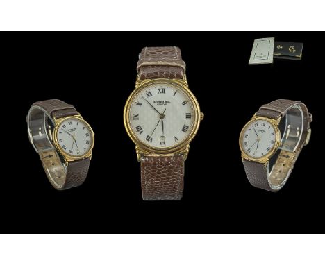 Raymond Weil Gentleman's Watch, in original wallet and papers.  White patterned face with Roman numerals, date aperture, and 