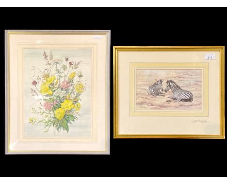 David Shepherd Print of Two Zebras, mounted, glazed and framed, pencil signed, image measures 6'' x 9.5'', overall size 13'' 