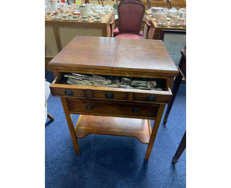 Wooden Cutlery Chest of Drawers, mid century, two large and two small drawers with full canteen of cutlery inside.  Measures 
