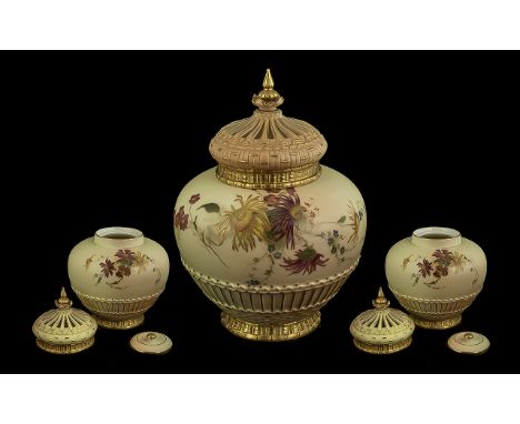 Royal Worcester Persian Style Reticulated Handpainted Blush Ivory Large Pot-Pourri Lidded Vase, complete with inner cover, de