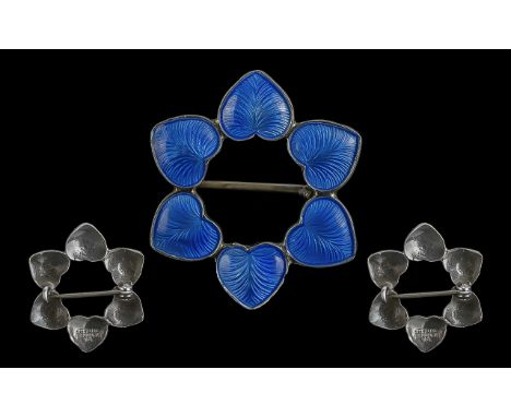 Danish Enamelled Silver Brooch, blue enamel, Danish silver brooch of lovely design and quality; marked Sterling Denmark VB