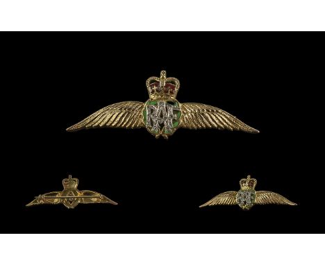 A Vintage 9ct Gold and Enamel Diamond Set R.A.F Wings Brooch. Full Hallmark for 9.375. Size 2 Inches - 5 cms Wide. Excellent 