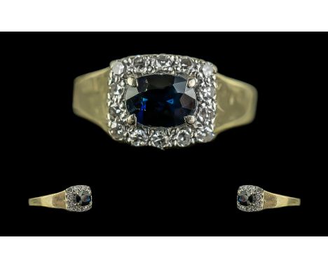 Ladies Good Quality 18ct Gold, Sapphire &amp; Diamond Set Cluster Ring - Marked 750 (18ct) To Interior Of Shank. The Central 