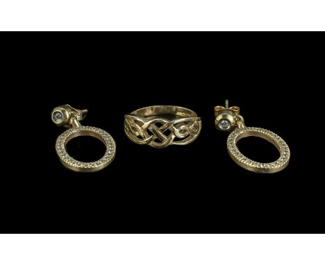 Pair of 9ct Gold Drop Earrings, oval set with cubic zirconia, for pierced ears.  Together with a 9ct gold Celtic knot design 