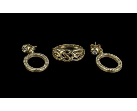 Pair of 9ct Gold Drop Earrings, oval set with cubic zirconia, for pierced ears.  Together with a 9ct gold Celtic knot design 