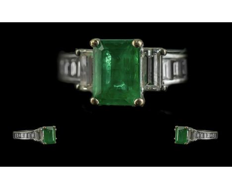 Ladies Excellent Quality Contemporary Designed Emerald &amp; Diamond Set Ring -Marked 18ct (750) To Interior Of Shank. The Ce