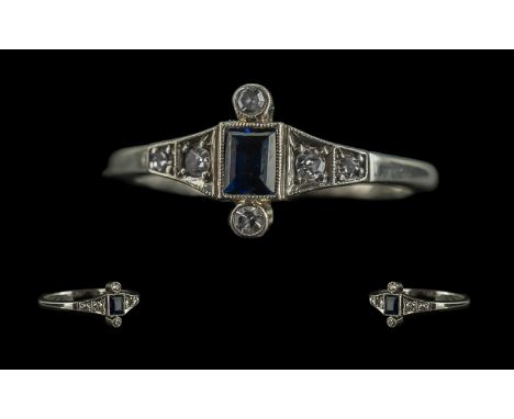 Art Deco Period - 18ct Gold / Platinum Ladies Petite Diamond and Sapphire Set Dress Ring. Marked 18ct and Platinum, Pleasing 