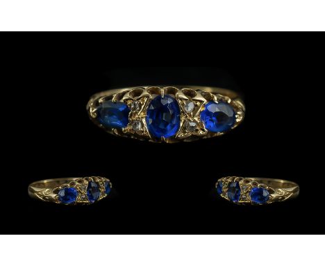 Antique Period - Attractive 18ct Gold Five Stone Sapphire and Diamond Set Ring, Gallery Setting. Full Hallmark - Birmingham 1