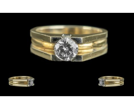 18ct Two Tone Gold - Superior Quality Single Stone Diamond Set Ring, Contemporary Design. Full Hallmark to Interior of Shank,