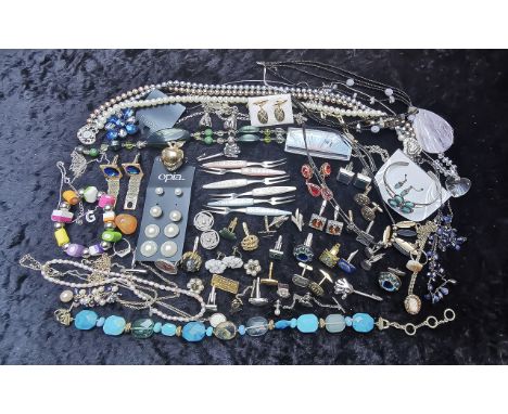 Collection of Costume Jewellery, housed in a wooden box, comprising beads, pearls, cufflinks, earrings, necklaces, bracelets,