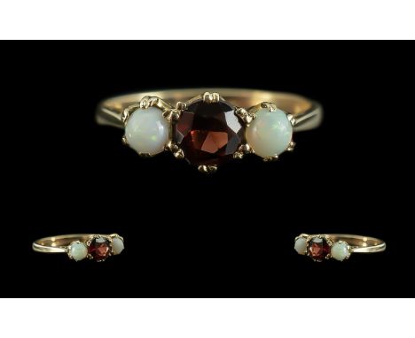 Antique Period - Pleasing 9ct Gold 3 Stone Garnet &amp; Opal Set Ring, full hallmark to shank.  Ring size N.  Weight 2.1 gram