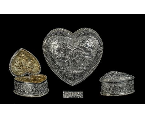 Victorian Period 1837 - 1901 Superb Large Sterling Silver Heart Shaped Lidded - Embossed Trinket Box. The Cover with Embossed