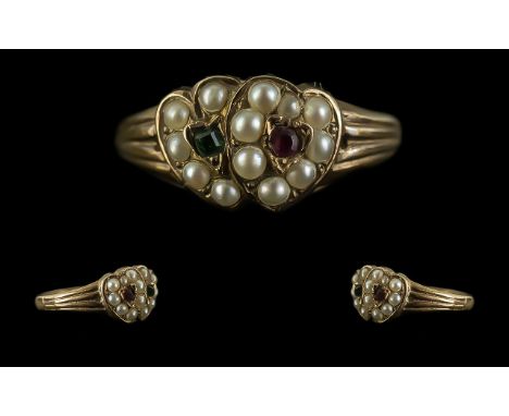 Antique 15ct Gold Sweet Heart Ring set with seed pearls, ruby and sapphire in the form of two entwined hearts.  Marked 625 - 