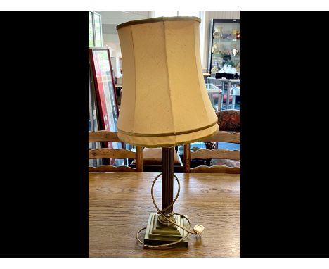 Brass Column Table Lamp, raised on stepped base, measures approx. 18" high  Fitted with gold quality shade, overall size appr