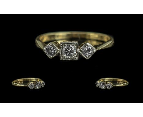 18ct Gold and Platinum 3 Stone Diamond Set Ring. Marked 18ct and Platinum to Shank. The Round Faceted Diamonds of Good Colour