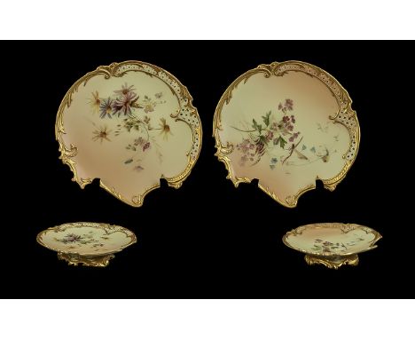 Royal Worcester Fine Quality Pair of Hand Painted Blush Ivory Porcelain Pedestal Dishes, of excellent shape.  The reticulated