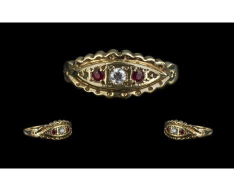 Antique Period Attractive 9ct Gold Petite Ruby &amp; Diamond Set Ring - Shank Pleasing Detailed Design. Full Hallmark To Shan