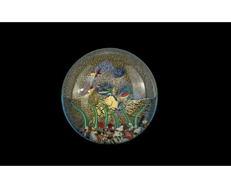Murano Glass Pesci Fish Paperweight, labels to base.  Beautiful paperweight with gold and bright enamel fishes. Measures 3" d