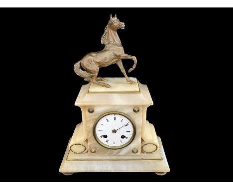 Alabaster Mantle Clock, late 19th early 20th Century, cream Alabaster with bronzed prancing horse figure to top.  White face,