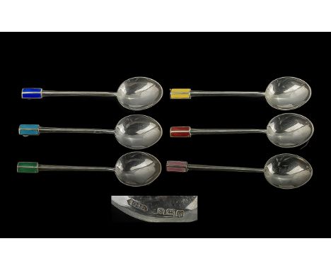 Art Deco Period Sterling Silver and Enamel Harlequin Set of 6 Coffee Spoons original box. Hallmark Birmingham, all spoons in 